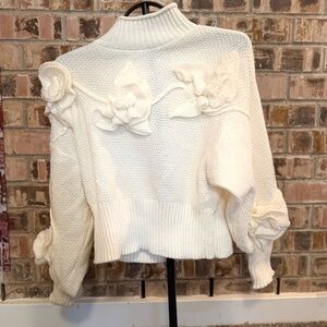 Elegant White Women's Sweater with Floral Accents